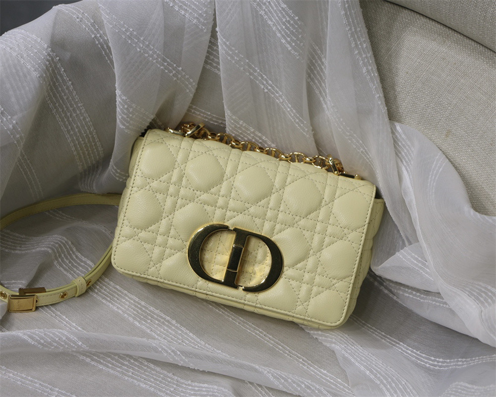 SMALL D10r CARO BAG Light Yellow S*pple Cannage Calfskin 20 x 12 x 7 cm