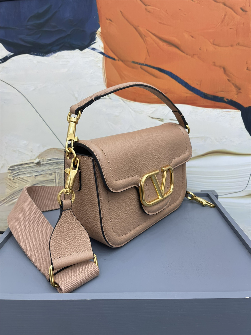 Va1e*ntin0 GARAVANI ALLTIME GRAINY CALFSKIN SHOULDER BAG ROSE CANNELLE 23.5x18X8cm
