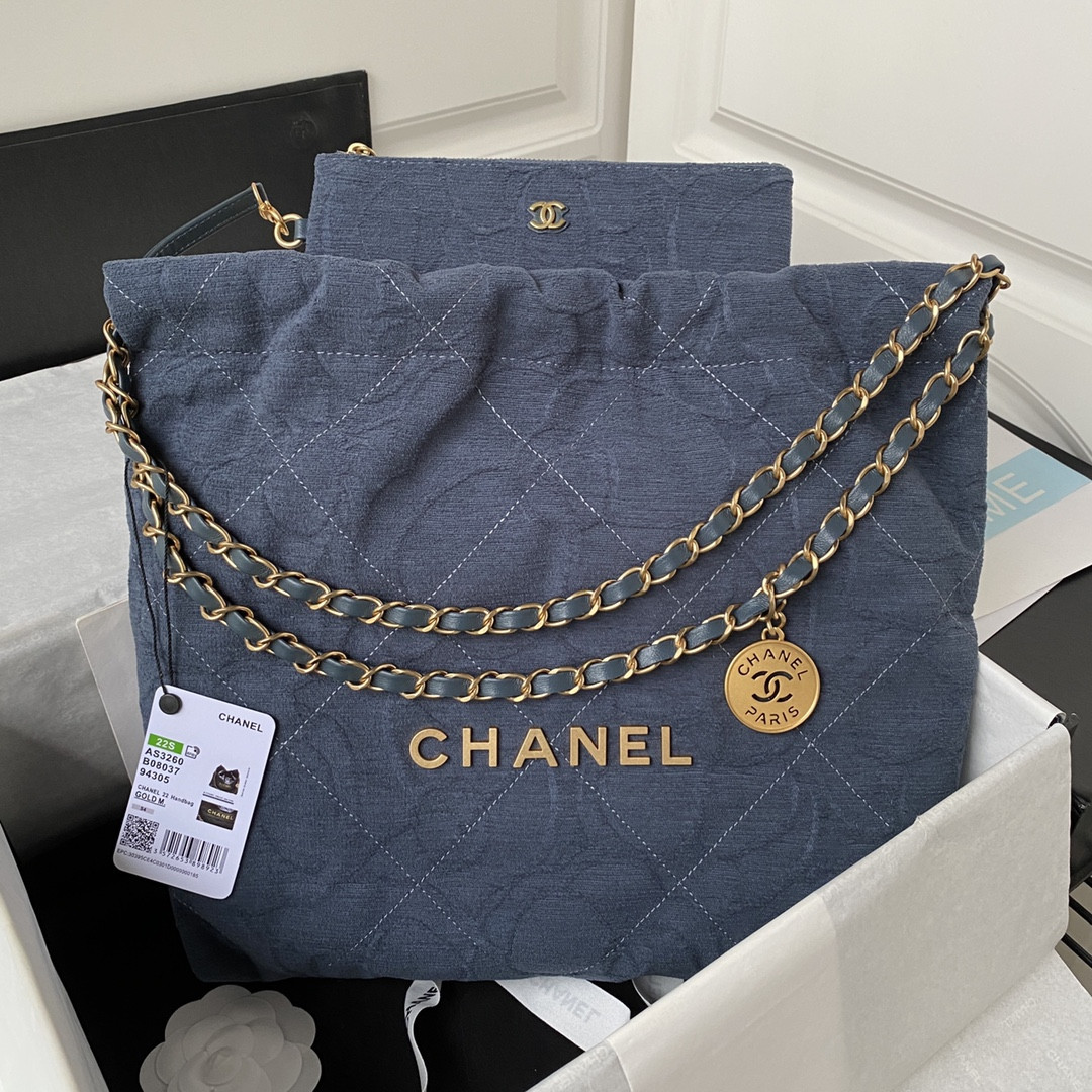 Ch**el 22 SMALL HANDBAG velvet NAVY 13.7×14.4×2.7 in