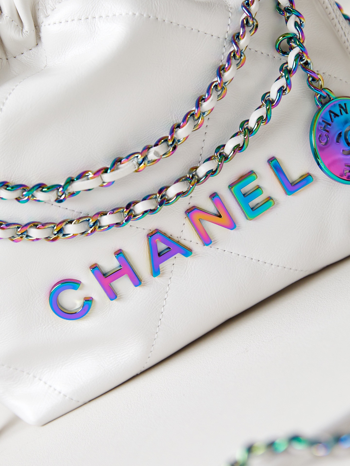 Ch**el 22 MINI HANDBAG Shiny Calfskin & Rainbow Metal White 7.8 × 7.4 × 2.3 in