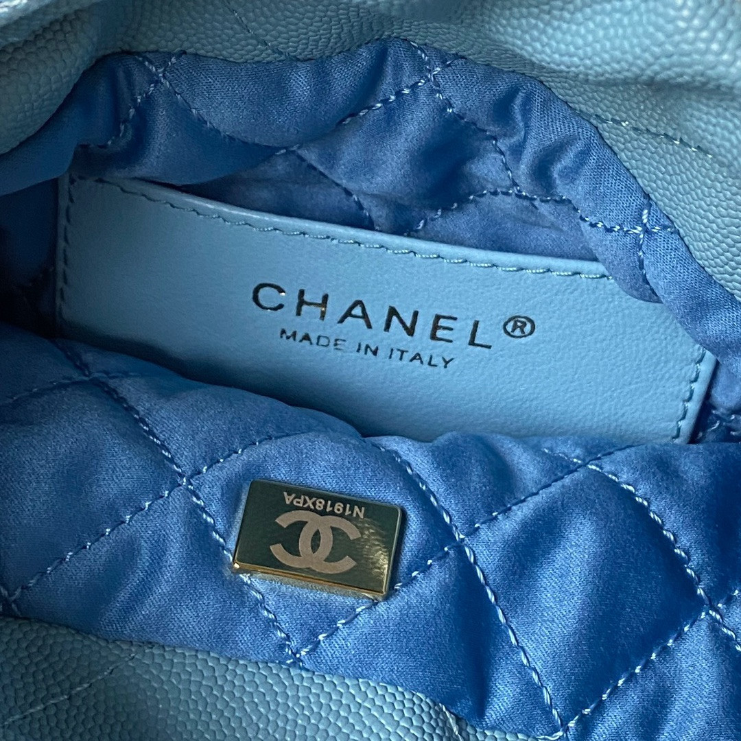Ch**el 22 MINI HANDBAG GRAINED LEATHER BLUE 7.8 × 7.4 × 2.3 in