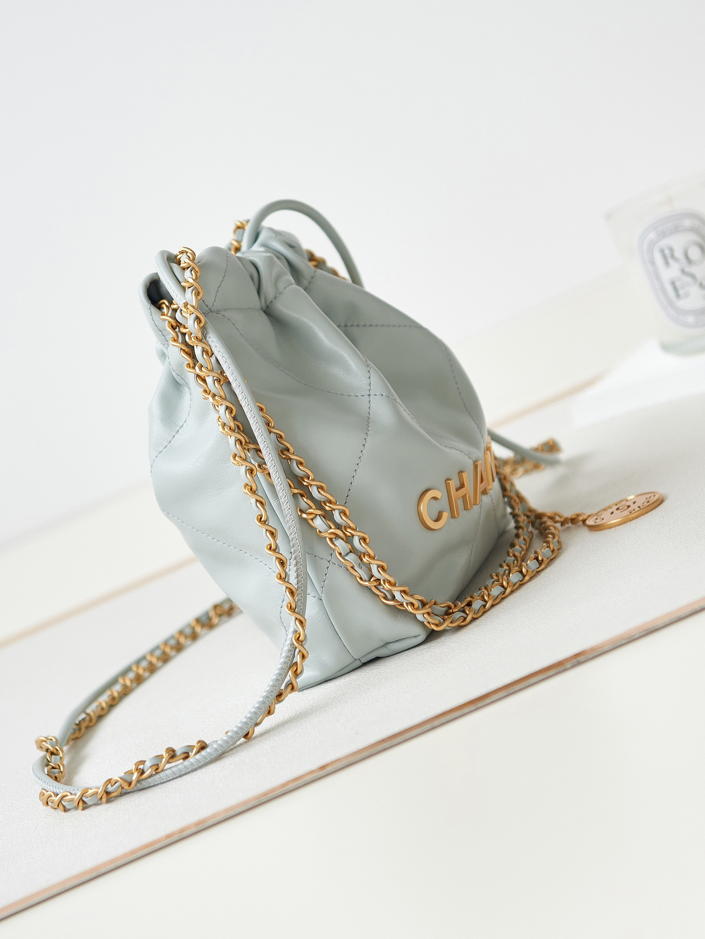 Ch**el 22 MINI HANDBAG Shiny Calfskin Light Blue 7.8 × 7.4 × 2.3 in