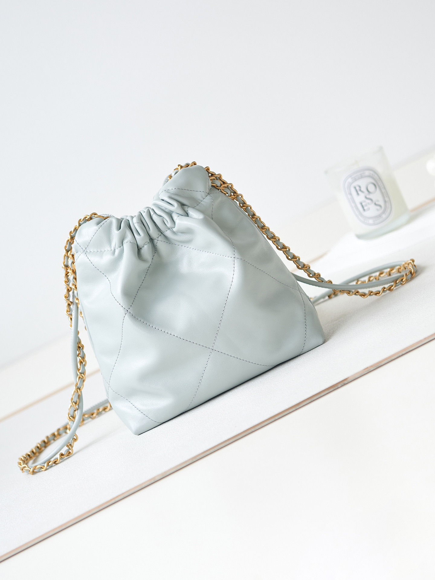 Ch**el 22 MINI HANDBAG Shiny Calfskin Light Blue 7.8 × 7.4 × 2.3 in