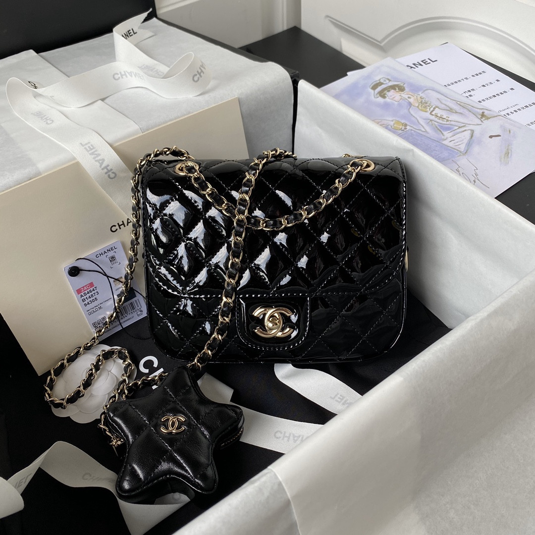 Ch**el MINI FLAP BAG & STAR COIN PURSE BLACK  5.9 × 7.8 × 2.5 in