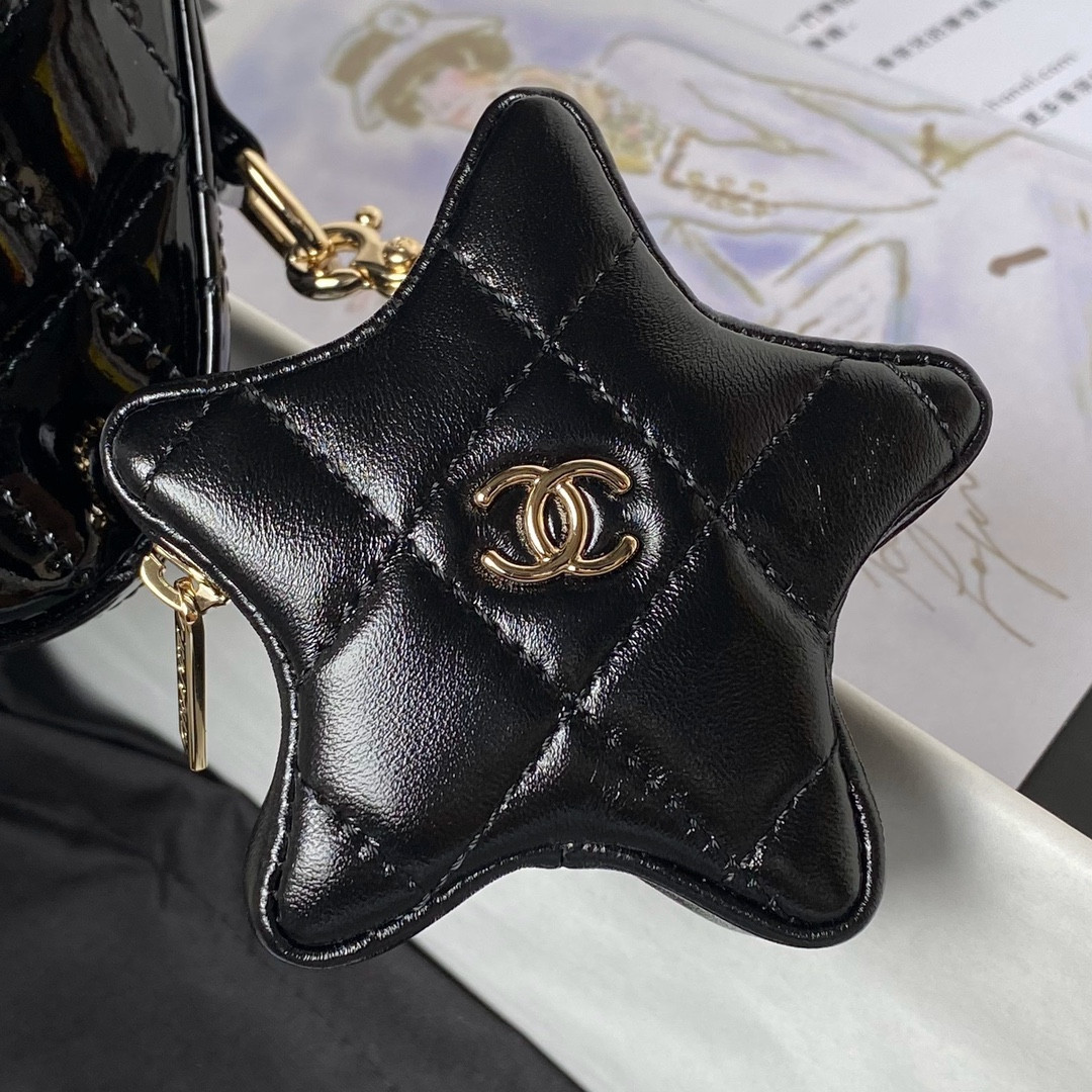 Ch**el MINI FLAP BAG & STAR COIN PURSE BLACK 5.9 × 7.8 × 2.5 in