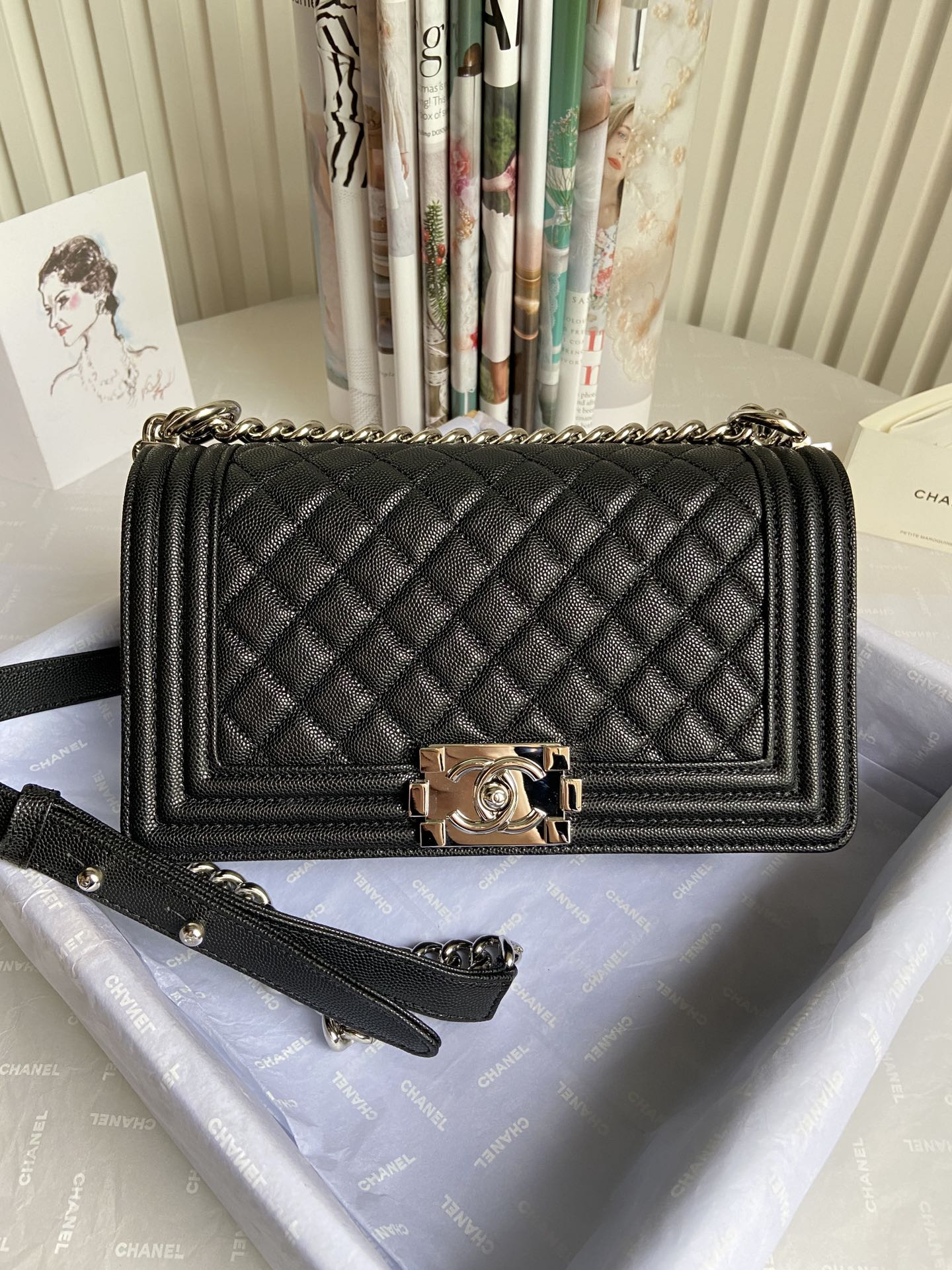 BOY Ch**el HANDBAG Shiny Grained Calfskin & Silver-Tone Metal Black 5.9 × 9.8 × 3.5 in
