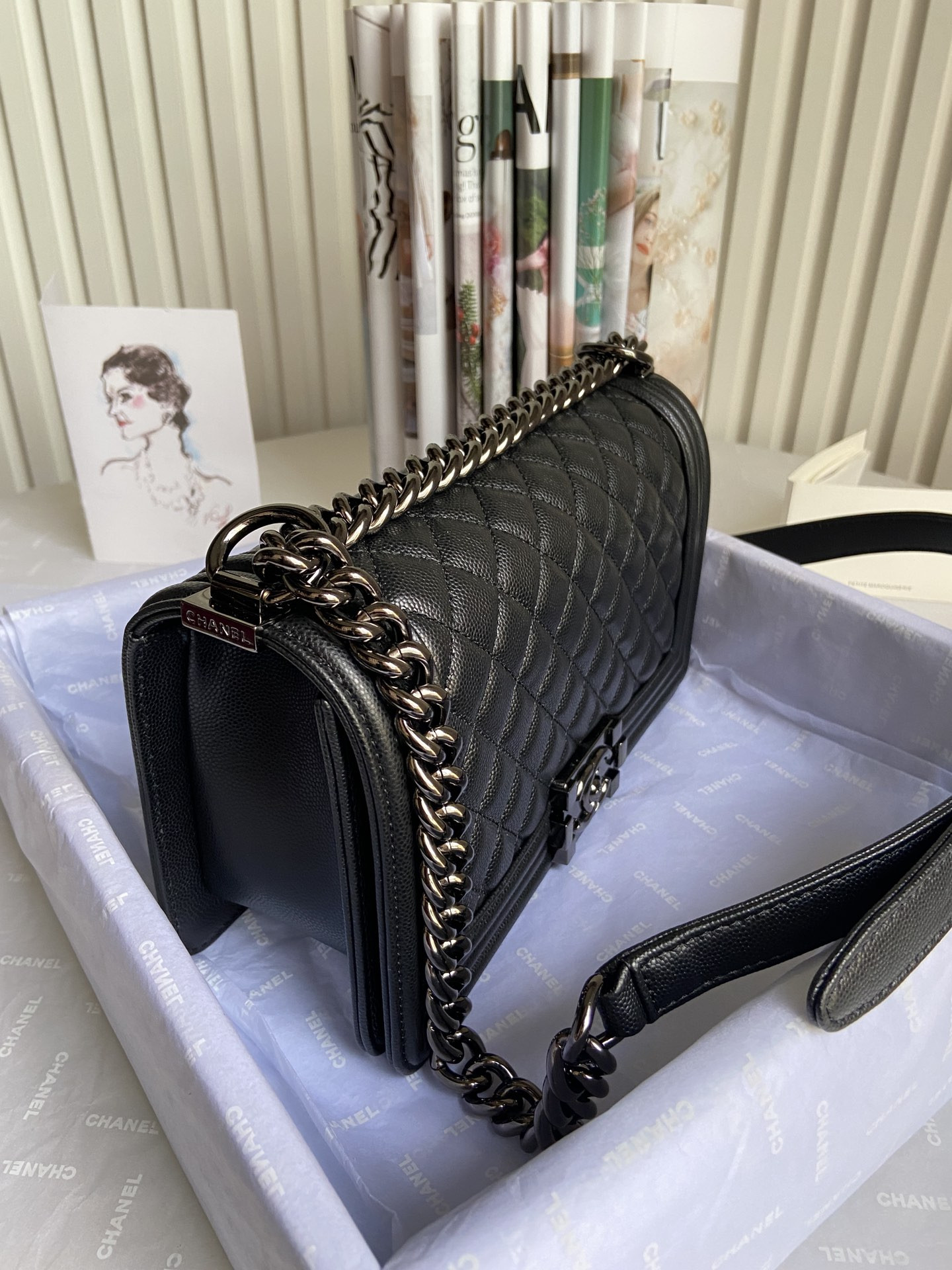 BOY Ch**el HANDBAG Shiny Grained Calfskin Black 5.9 × 9.8 × 3.5 in