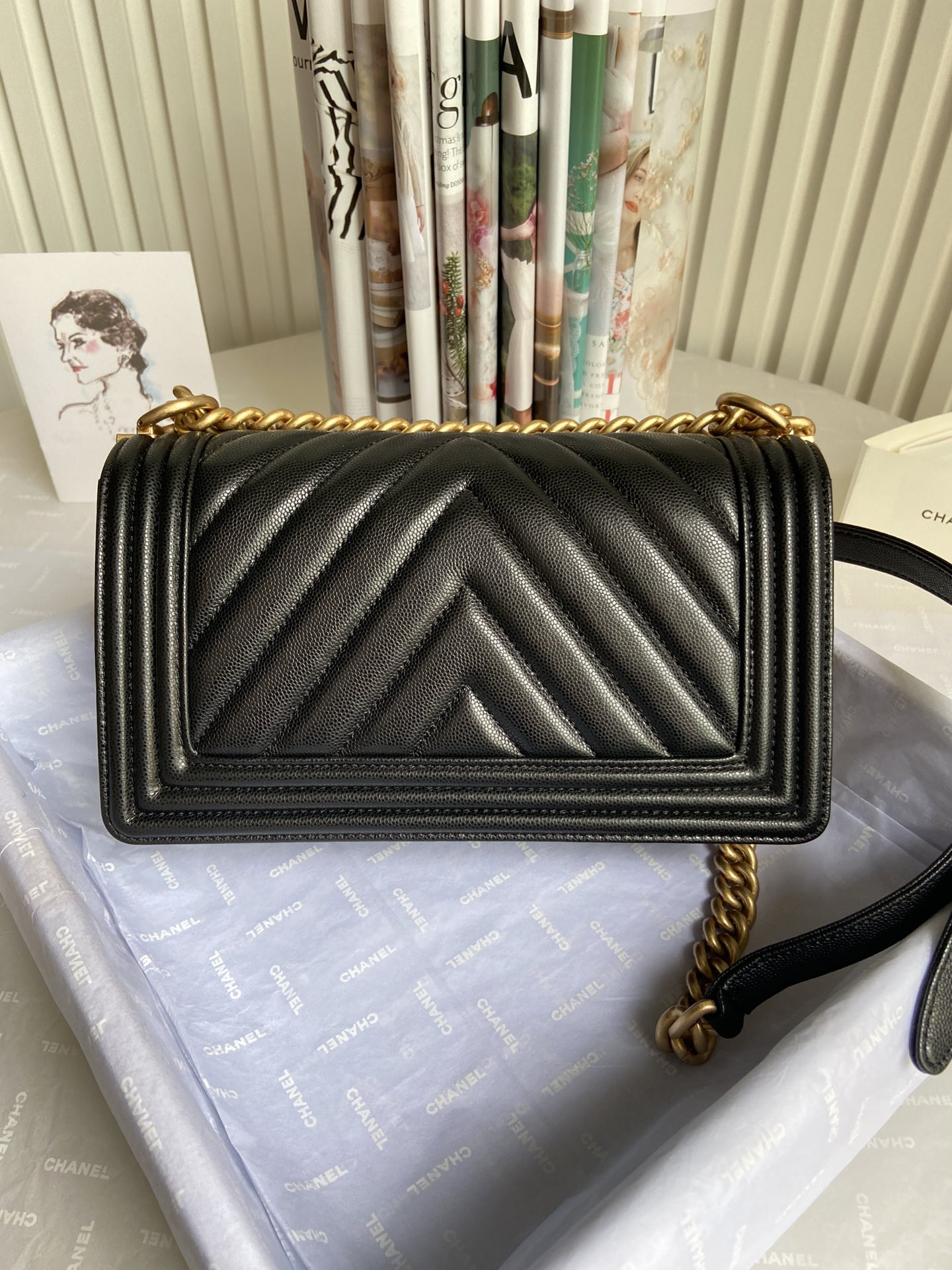 BOY Ch**el HANDBAG Shiny Grained Calfskin Black 5.9 × 9.8 × 3.5 in