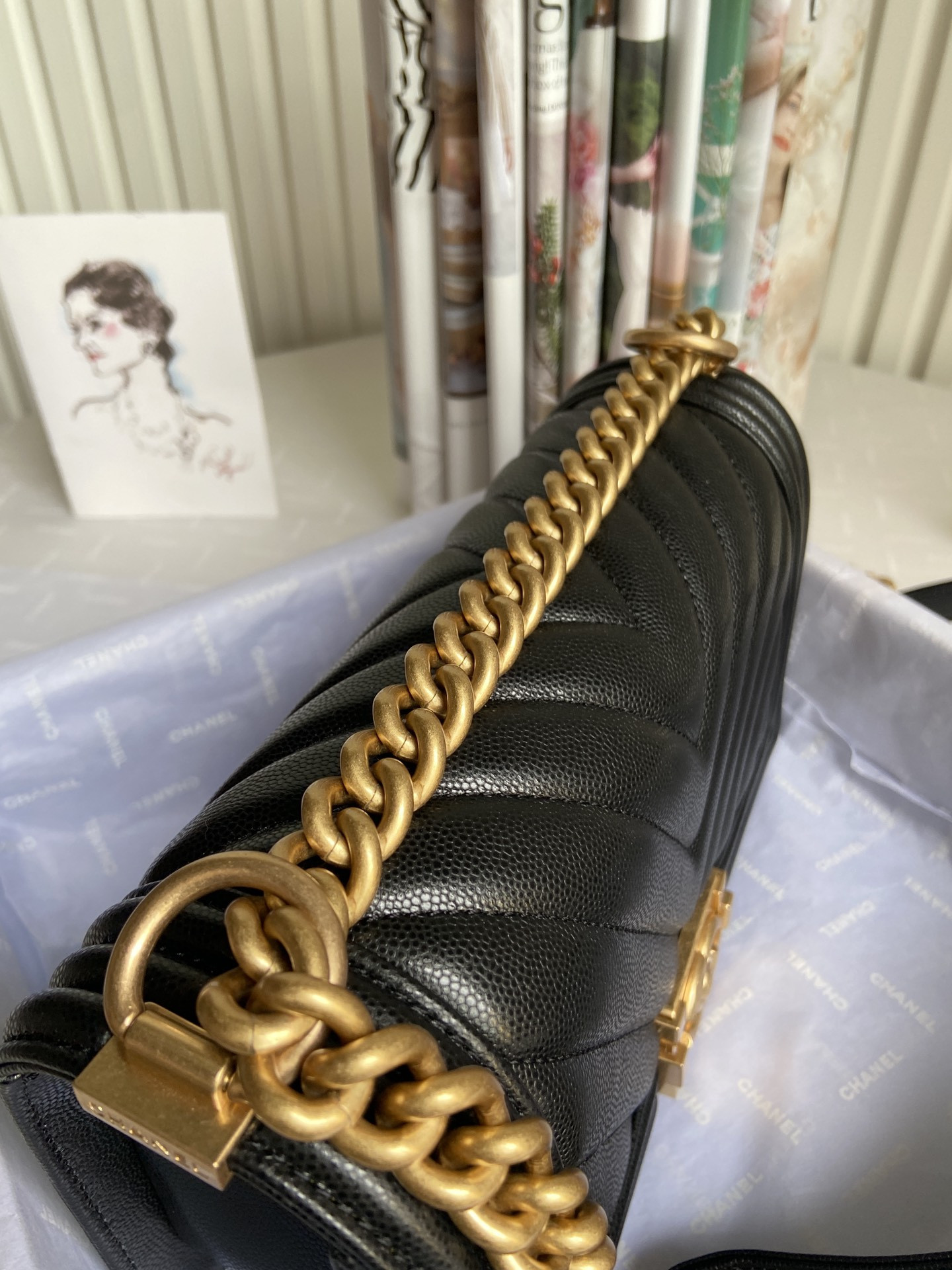 BOY Ch**el HANDBAG Shiny Grained Calfskin Black 5.9 × 9.8 × 3.5 in