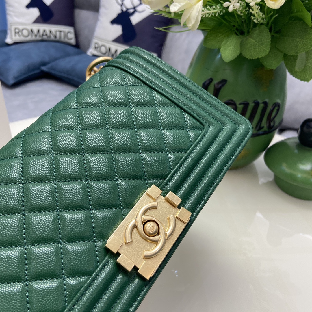 BOY Ch**el HANDBAG Shiny Grained Calfskin & Gold-Tone Metal Green 5.9 × 9.8 × 3.5 in