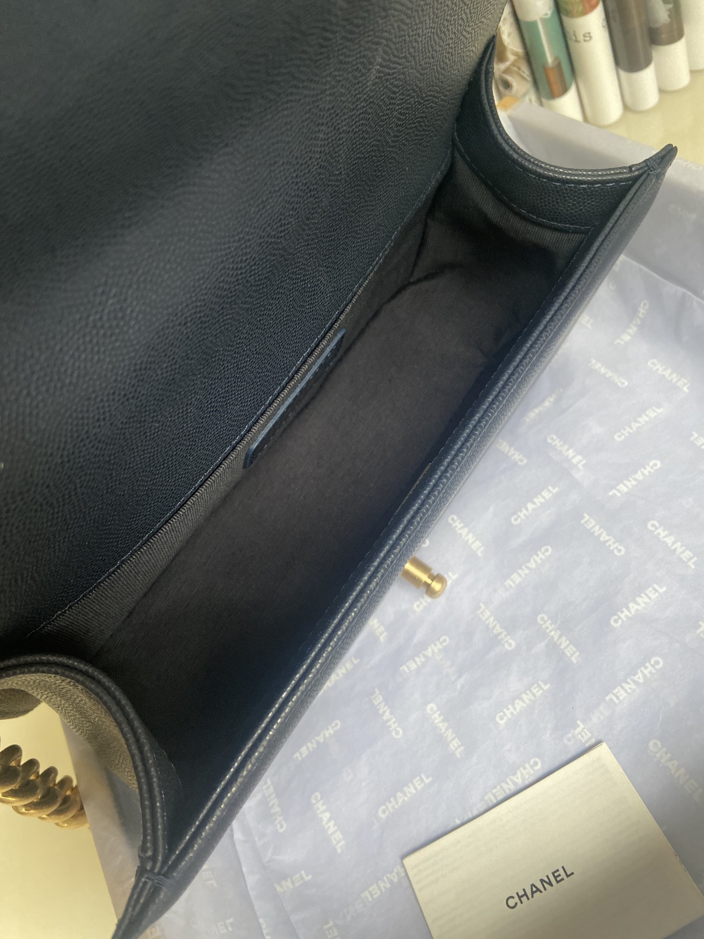 BOY Ch**el HANDBAG Shiny Grained Calfskin & Gold-Tone Metal Navy 5.9 × 9.8 × 3.5 in
