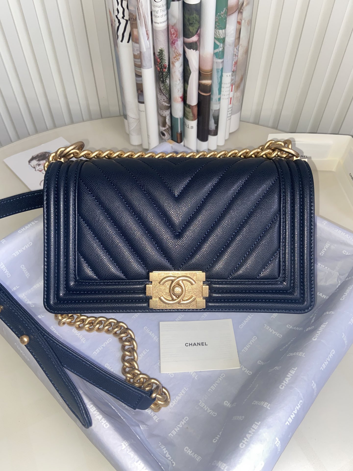BOY Ch**el HANDBAG Shiny Grained Calfskin & Gold-Tone Metal Navy 5.9 × 9.8 × 3.5 in
