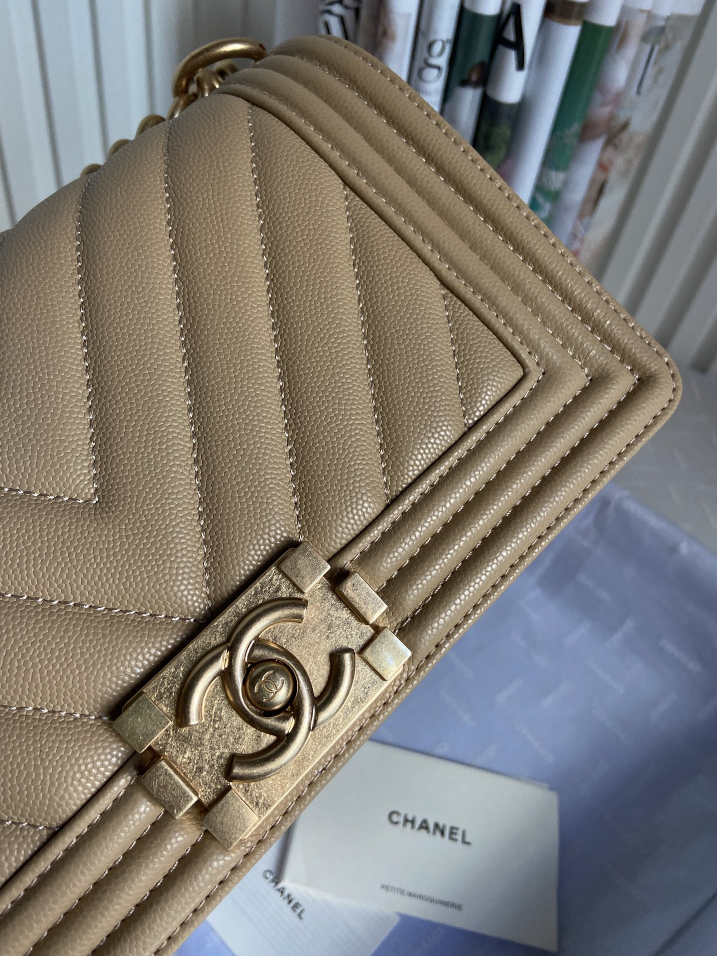 BOY Ch**el HANDBAG Shiny Grained Calfskin Brown 5.9 × 9.8 × 3.5 in