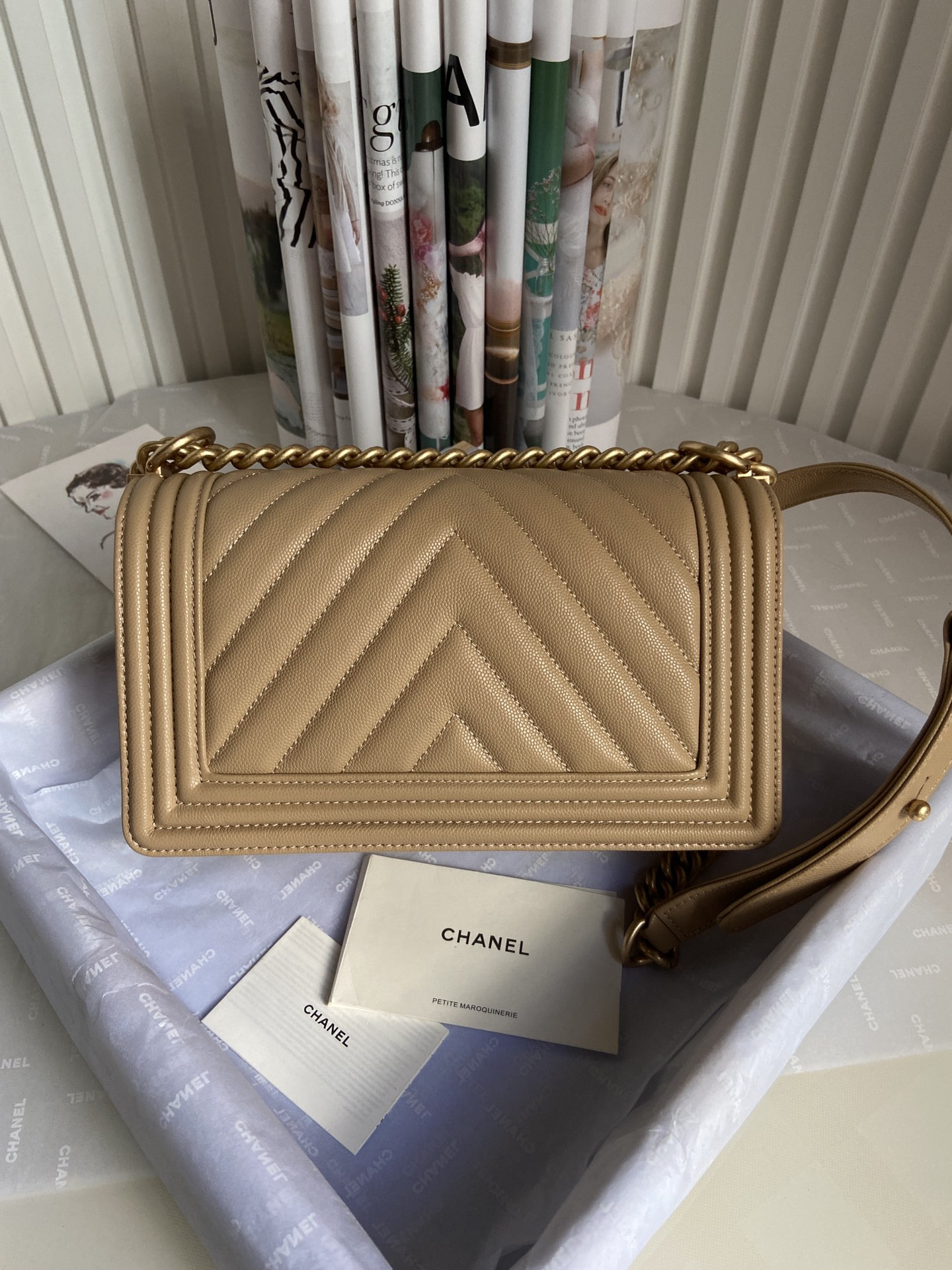 BOY Ch**el HANDBAG Shiny Grained Calfskin Brown 5.9 × 9.8 × 3.5 in