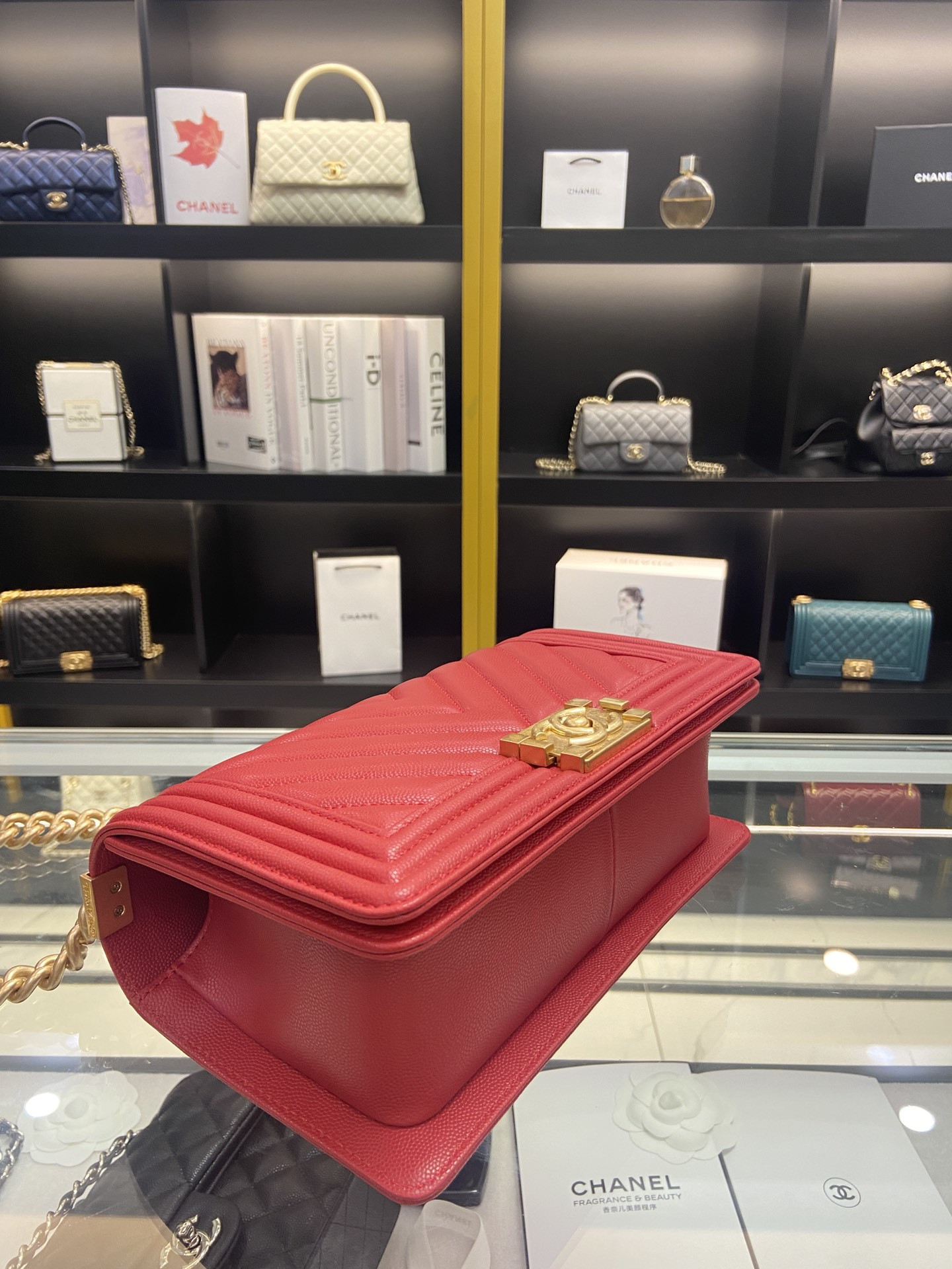BOY Ch**el HANDBAG Shiny Red Grained Calfskin & Gold-Tone Metal 5.9 × 9.8 × 3.5 in