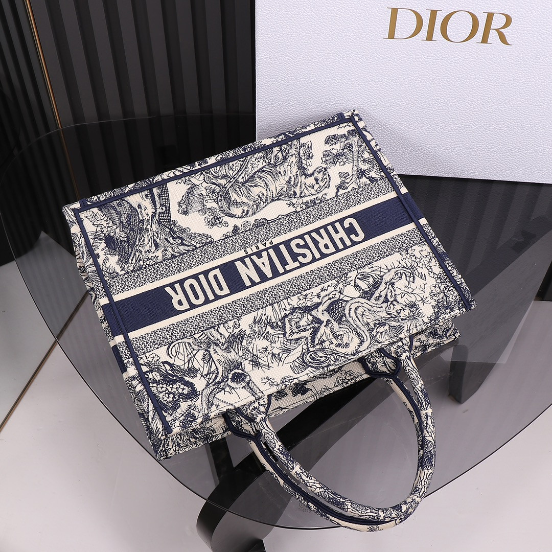 Medium D10r Book Tote  Ecru and Blue Toile de Jouy Embroidery 14 x 11 x 6.5 inches