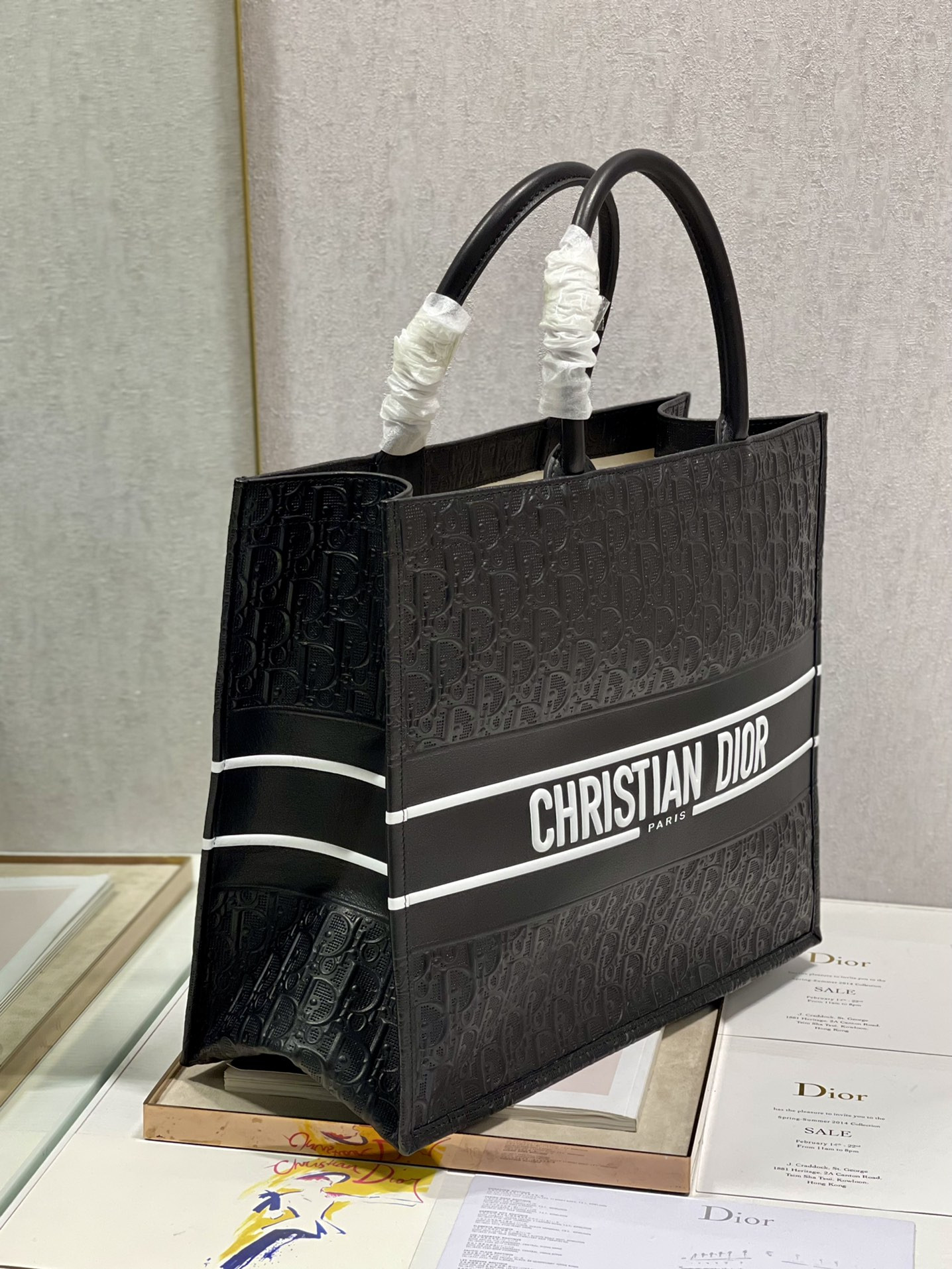 Large D10r Book Tote Black White D10r Oblique Embossed Calfskin 16.5 x 14 x 7.5 inches