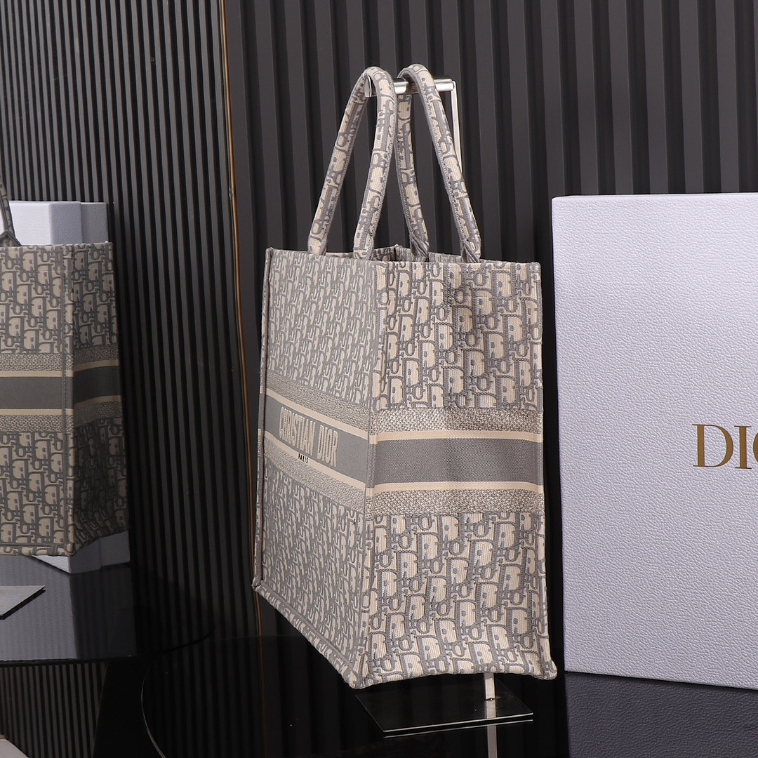 Large D10r Book Tote Ecru and Gray D10r Oblique Embroidery 16.5 x 14 x 7.5 inches
