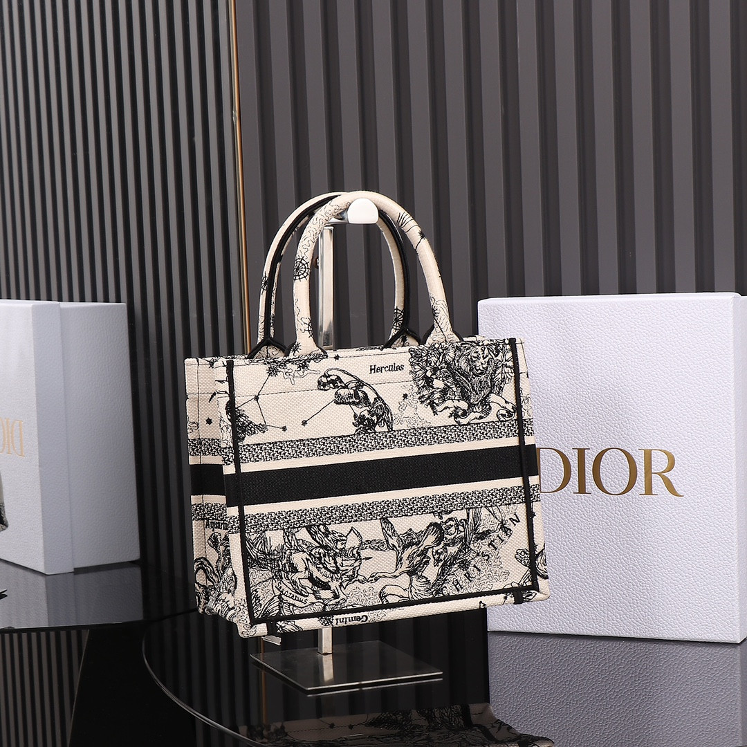 Small D10r Book Tote Latte and Black Toile de Jouy Zodiac Embroidery 10.5 x 8.5 x 5.5 inches