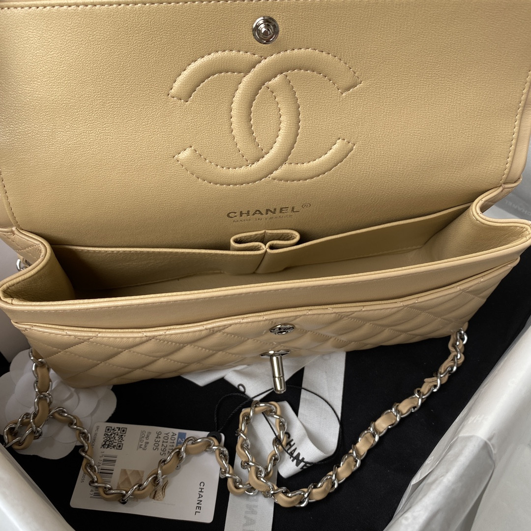 Ch**el CLASSIC HANDBAG GRAINED SHINY CALFSKIN & SILVER-TONE METAL COFFEE 6 × 9.9 × 2.5 in