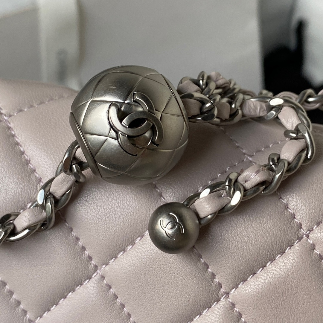 Ch**el MINI FLAP BAG SHINY CALFSKIN & SILVER-TONE METAL LIGHT PINK 4.7 × 7.8 × 2.3 in