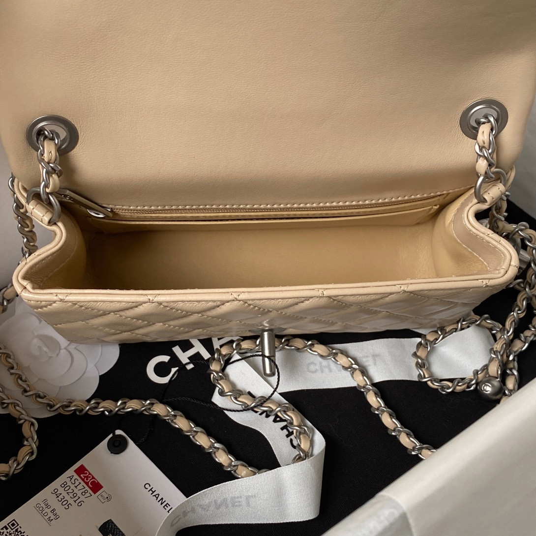 Ch**el MINI FLAP BAG SHINY CALFSKIN & SILVER-TONE METAL LIGHT beige 4.7 × 7.8 × 2.3 in