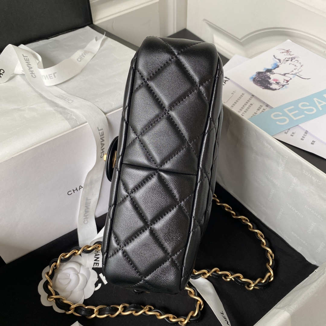 Ch**el SMALL CLASSIC HANDBAG GRAINED SHINY CALFSKIN & Gold-TONE METAL black 5.7 × 9 × 2.3 IN