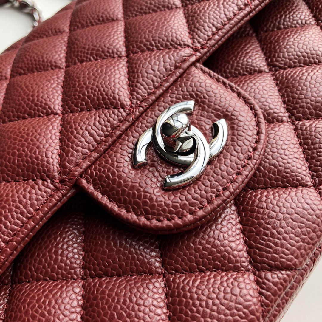 Ch**el CLASSIC HANDBAG GRAINED CALFSKIN & SILVER-TONE METAL red 6 × 9.9 × 2.5 in