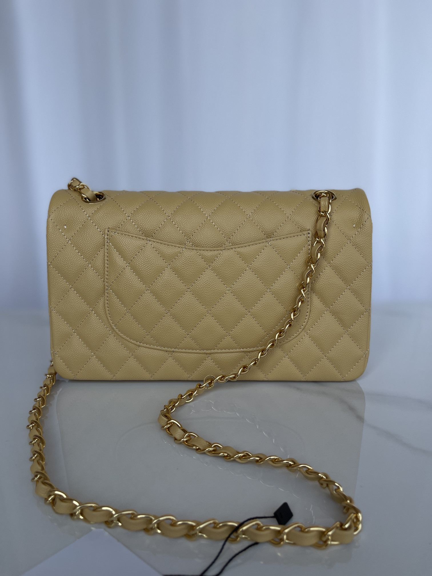 Ch**el CLASSIC HANDBAG GRAINED CALFSKIN & GOLD-TONE METAL YELLOW 6 × 9.9 × 2.5 in