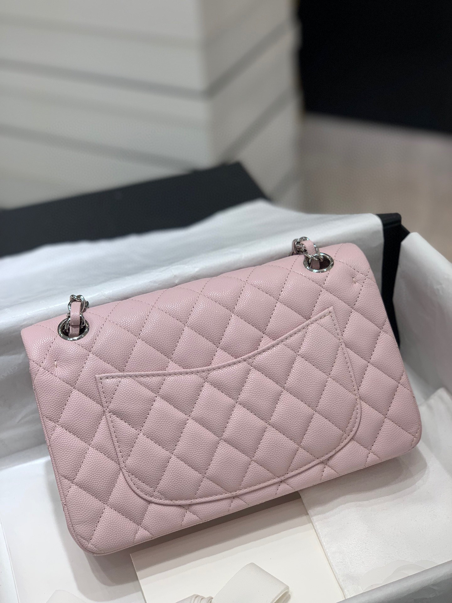 Ch**el CLASSIC HANDBAG Grained Calfskin & Silver-Tone Metal Pink 6 × 9.9 × 2.5 in