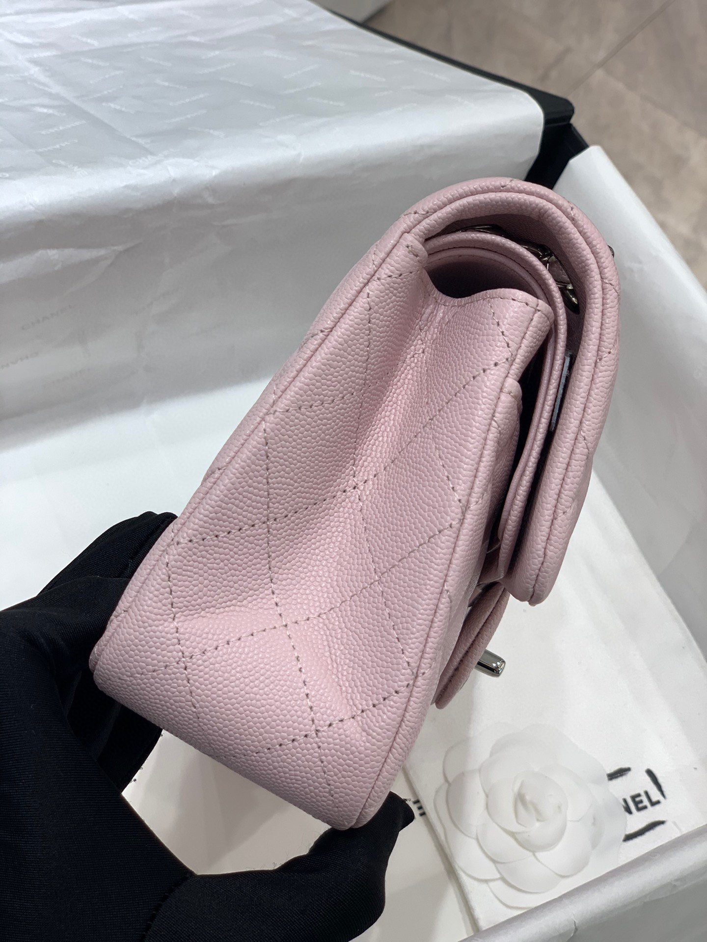 Ch**el CLASSIC HANDBAG Grained Calfskin & Silver-Tone Metal Pink 6 × 9.9 × 2.5 in