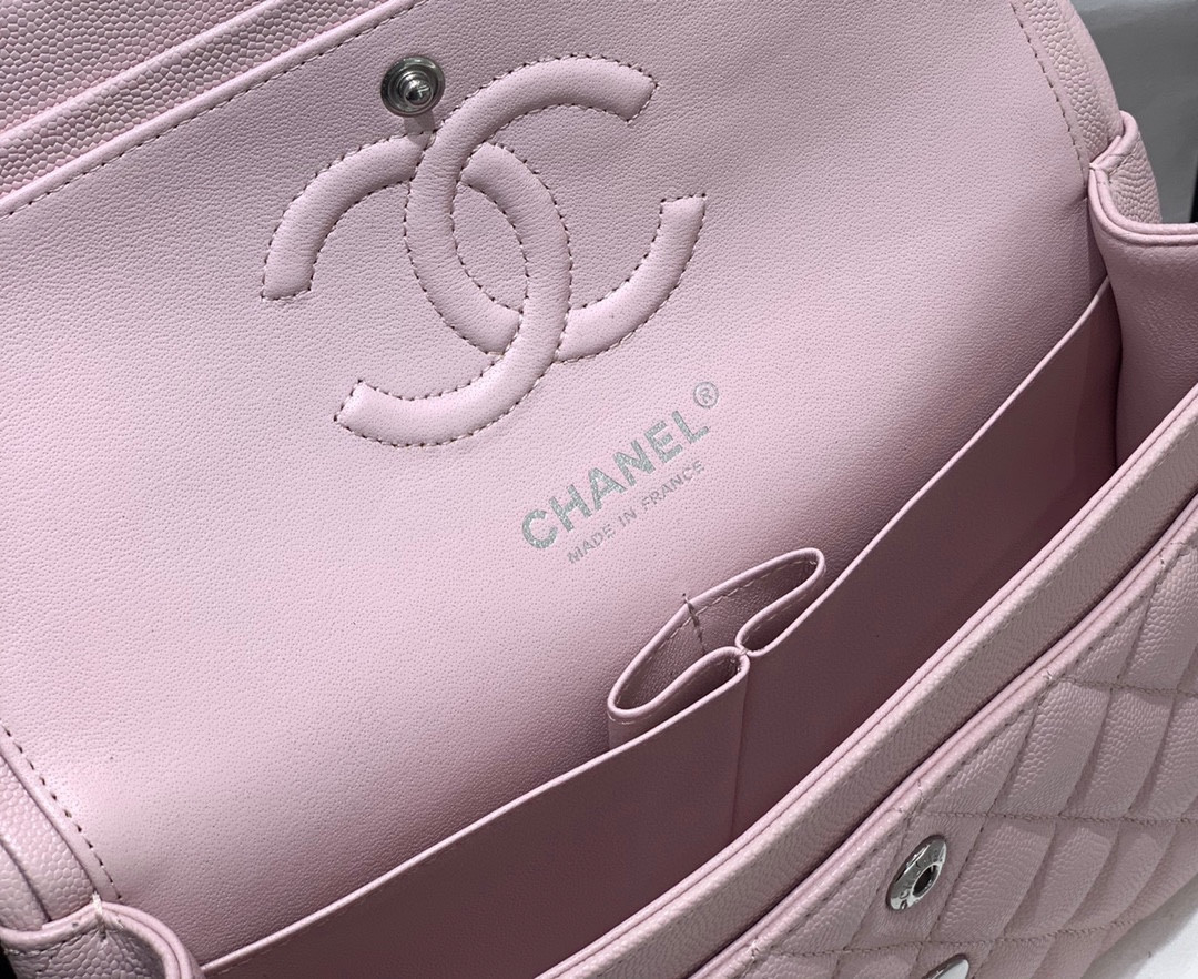 Ch**el CLASSIC HANDBAG Grained Calfskin & Silver-Tone Metal Pink 6 × 9.9 × 2.5 in