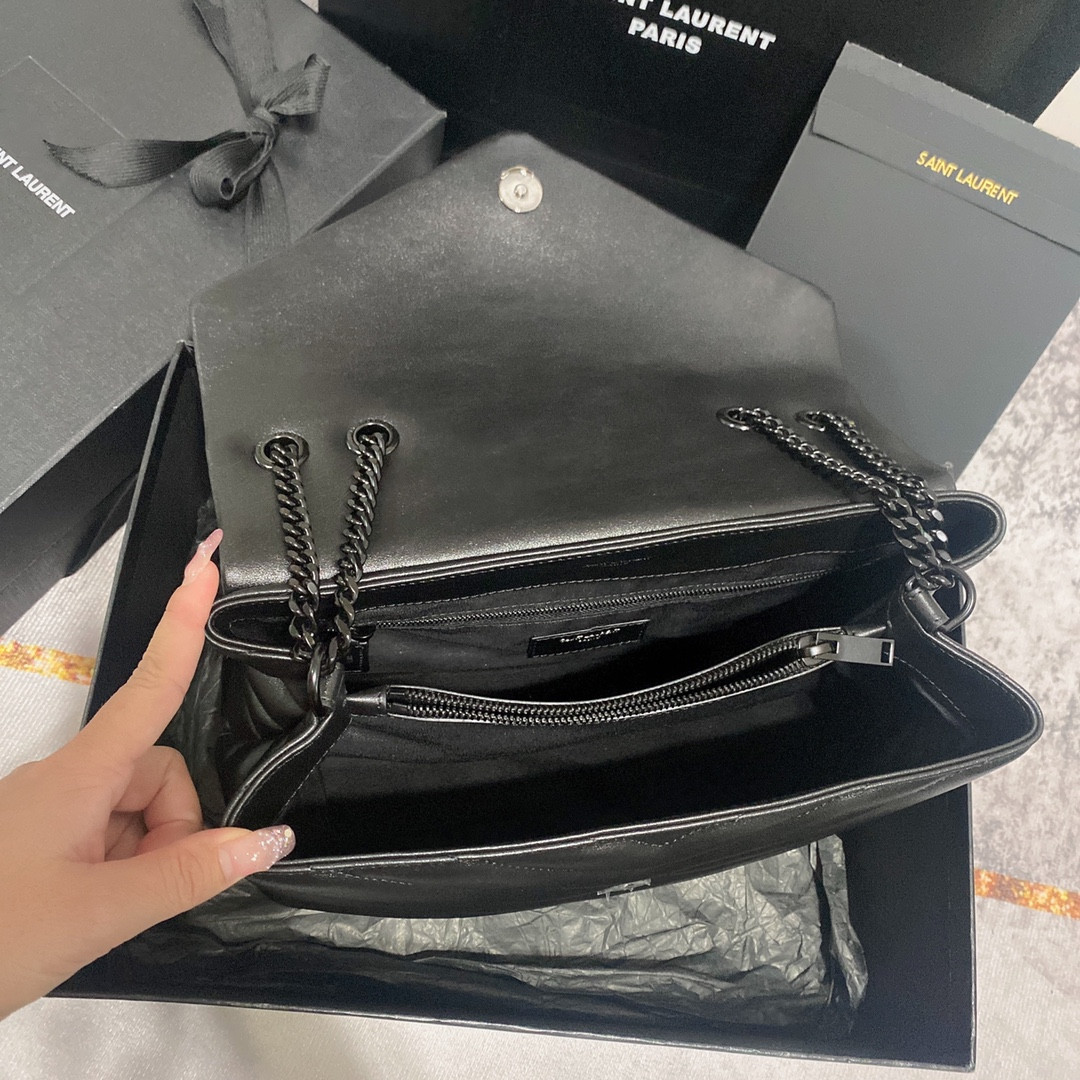 Y51 LOULOU MEDIUM IN QUILTED LEATHER ALL BLACK 12.5 X 8.6 X 3.5 INCHES