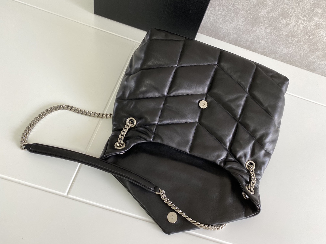 Y51 LOULOU PUFFER MEDIUM IN NAPPA LEATHER BLACK SILVER 13.7 X 9 X 5.3 INCHES
