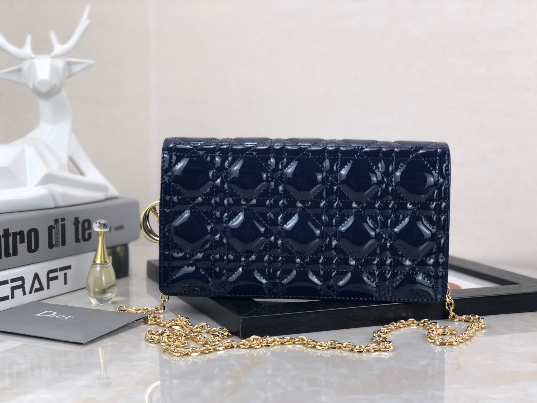 Lady D10r Pouch  Navy Patent Cannage Calfskin 8.5 x 4.5 x 1 inches
