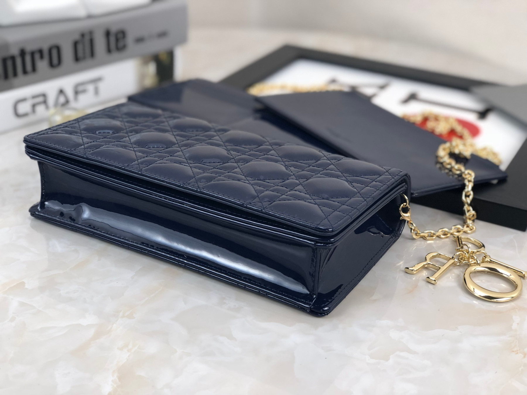 Lady D10r Pouch  Navy Patent Cannage Calfskin 8.5 x 4.5 x 1 inches