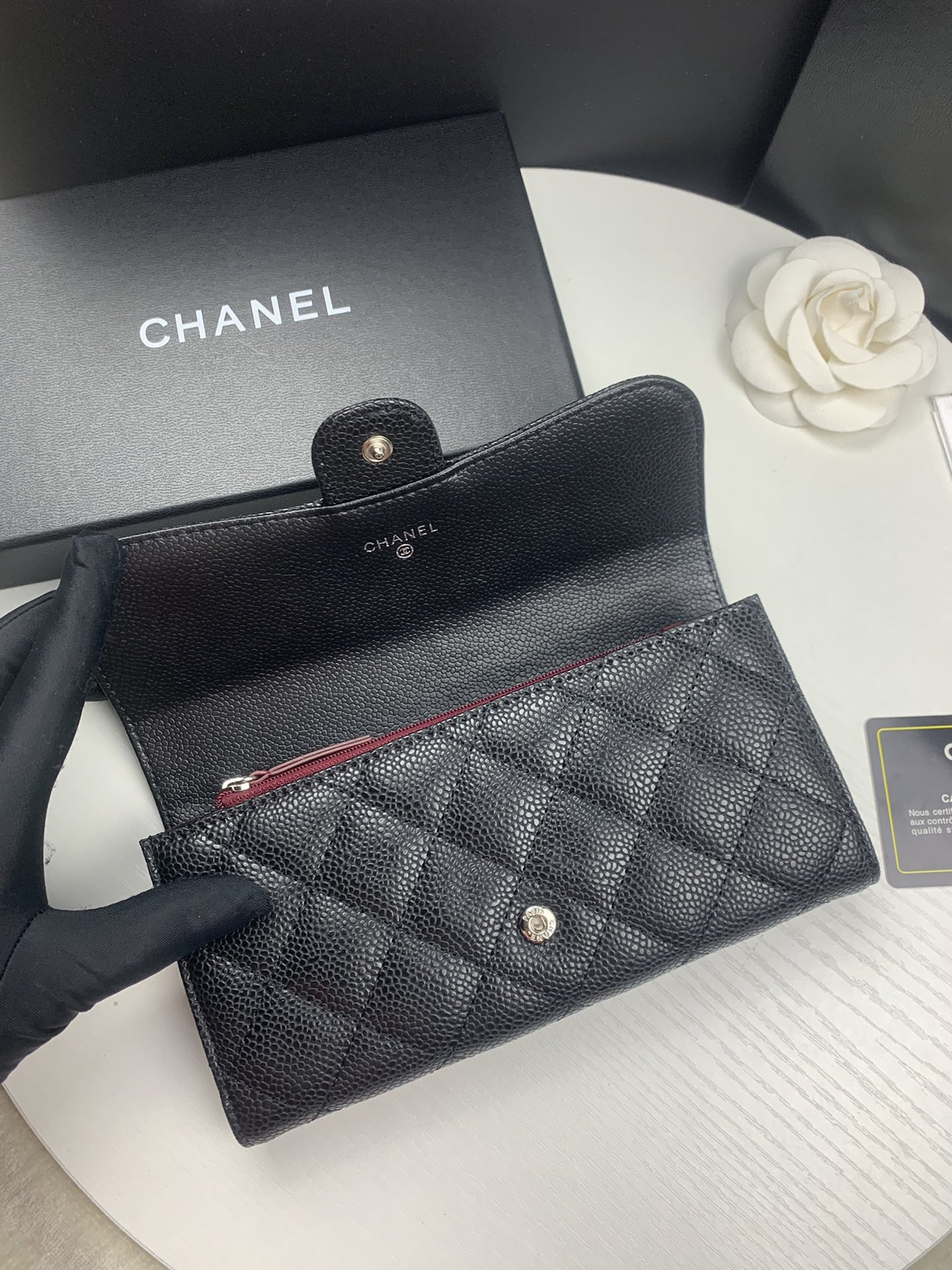 Ch**el FLAP WALLET GRAINED LEATHER BLACK 19.5 x10 cm