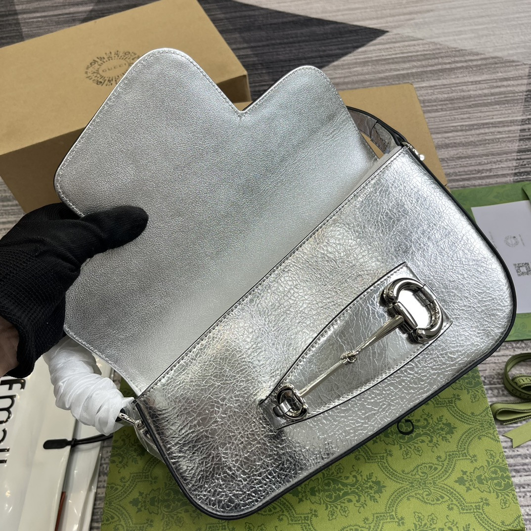 Gvc*1 HORSEBIT 1955 SMALL SHOULDER BAG Metallic silver 10.4"W x 6.7-4.1"H x 3.1-1.6"D