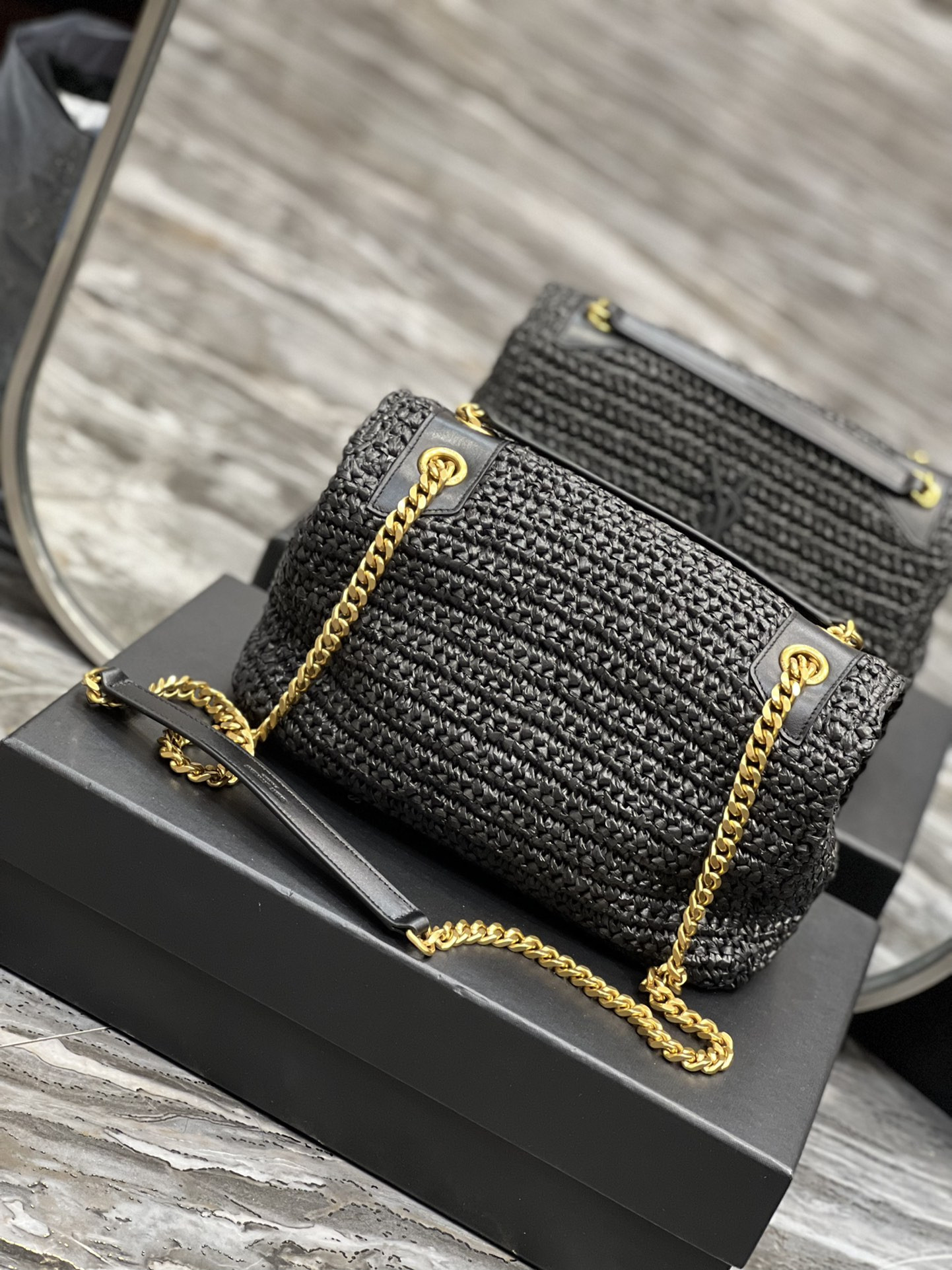 Y51 NIKI MEDIUM CHAIN BAG IN RAFFIA AND LEATHER BLACK 11 X 7.8 X 3.3 INCHES