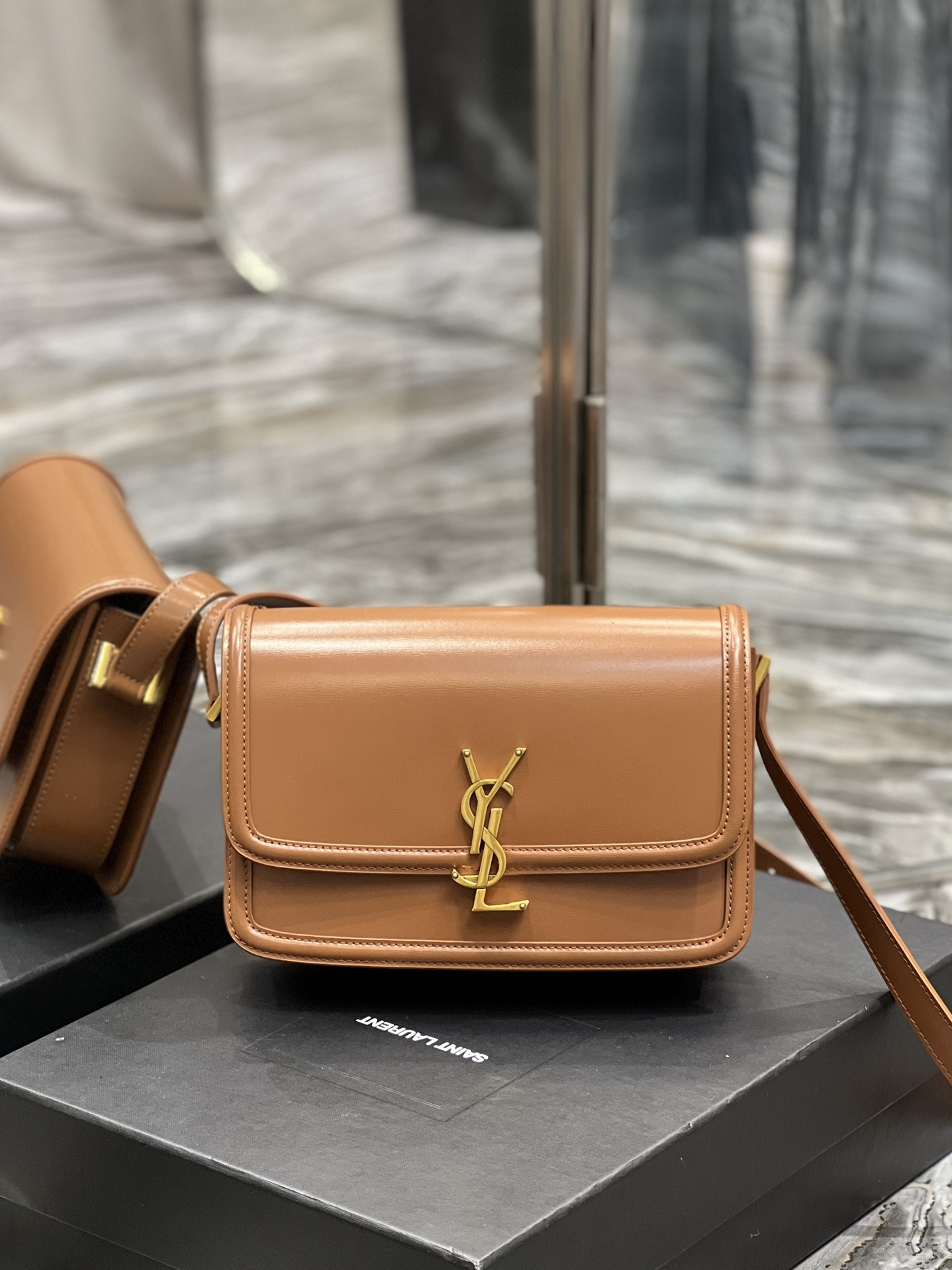 Y51 SOLFERINO MEDIUM SATCHEL IN BOX Sa1nt Lau*nt BROWN 9.1 X 6.3 X 2.4 INCHES