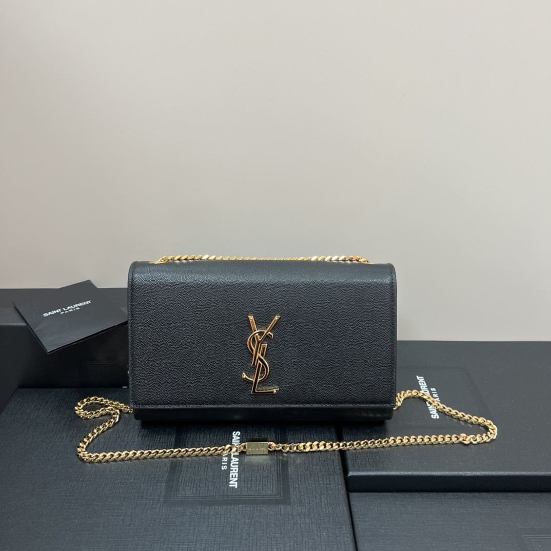 Y51 KATE MEDIUM IN GRAIN DE POUDRE EMBOSSED LEATHER BLACK GOLD 9.4 X 5.7 X 2.1 INCHES