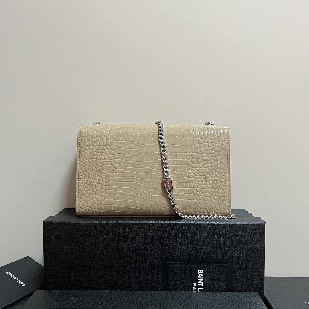 Y51 KATE MEDIUM TASSEL IN CROCODILE-EMBOSSED LEATHER BEIGE 9.4 X 5.7 X 2.1 INCHES