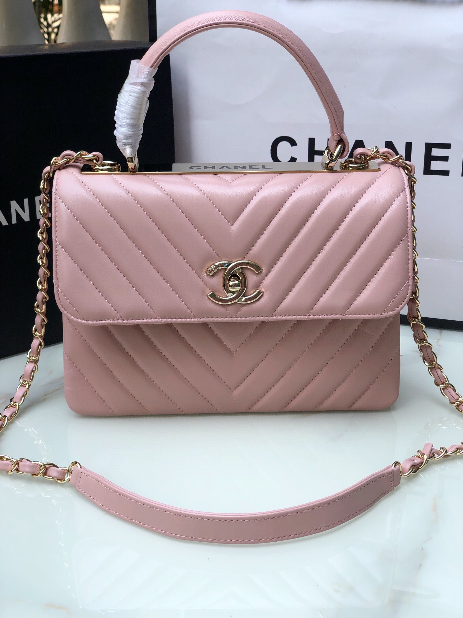 Ch**el FLAP BAG WITH TOP HANDLE PINK 6.6 × 9.8 × 4.7 in