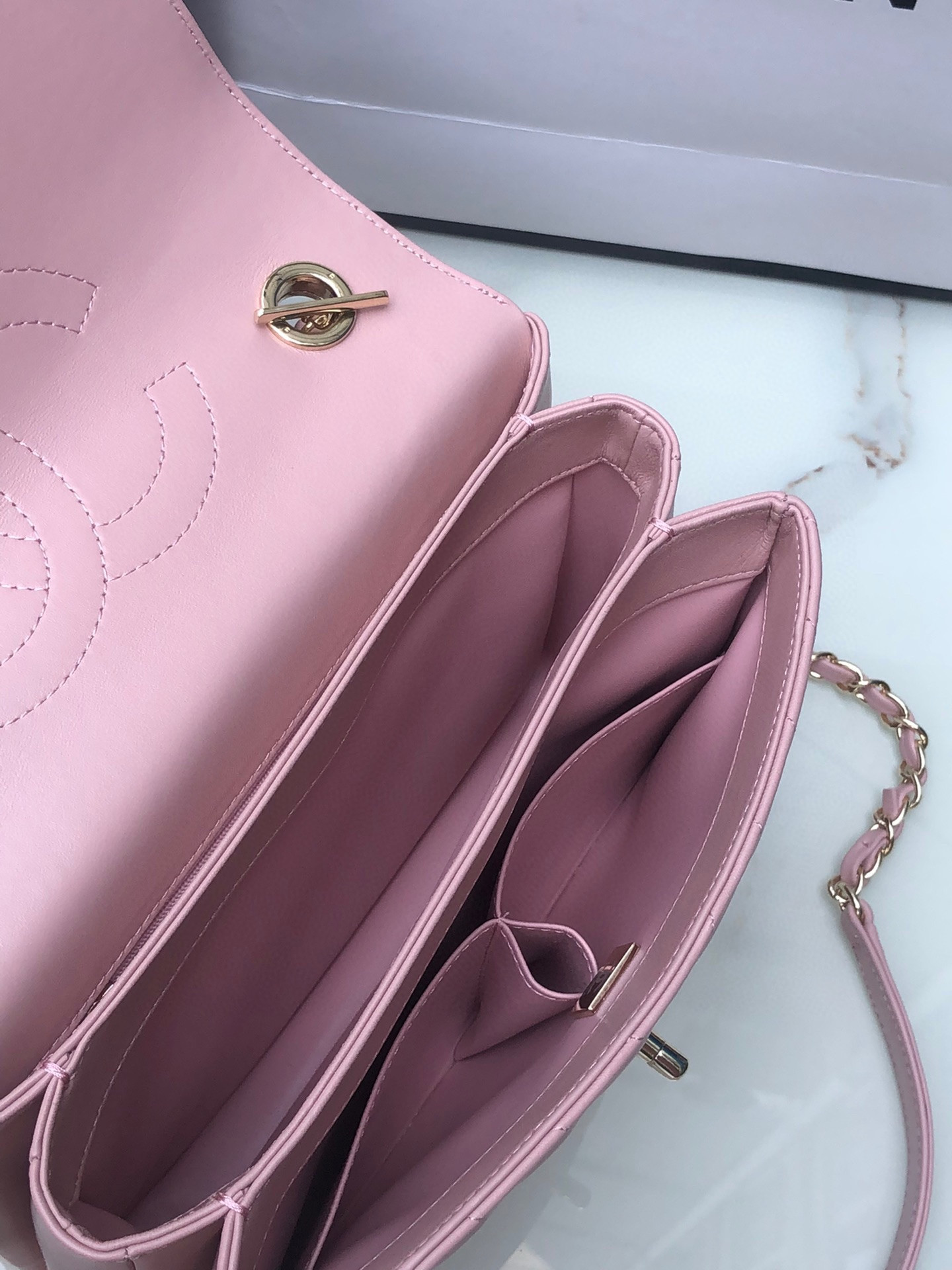 Ch**el FLAP BAG WITH TOP HANDLE PINK 6.6 × 9.8 × 4.7 in