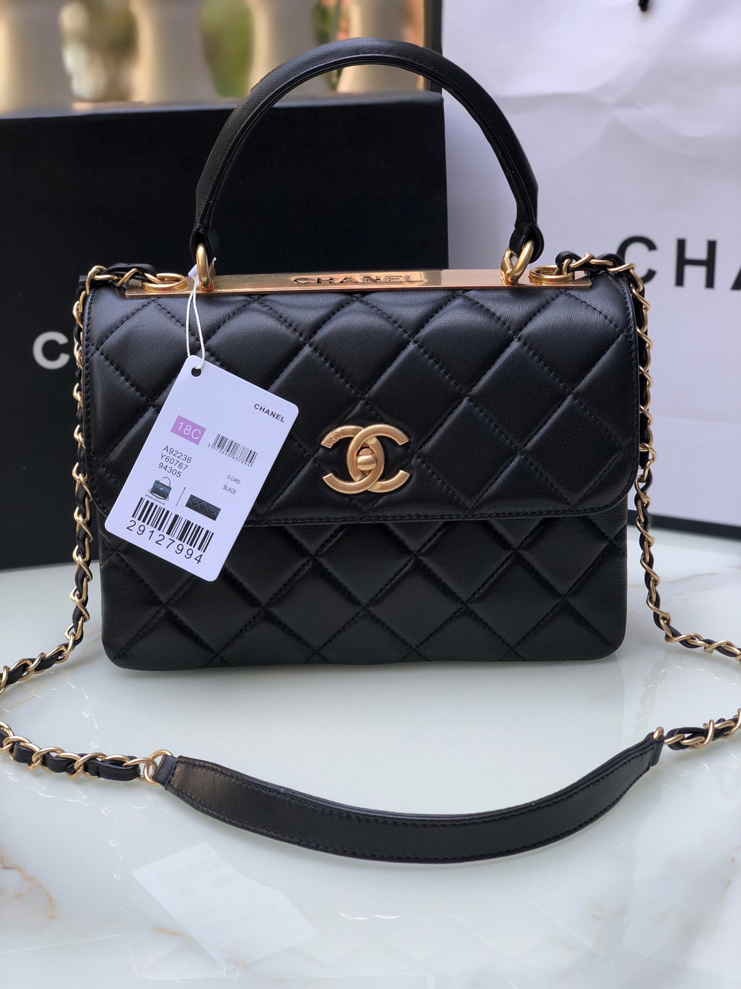 Ch**el FLAP BAG WITH TOP HANDLE 6.6 × 9.8 × 4.7 in