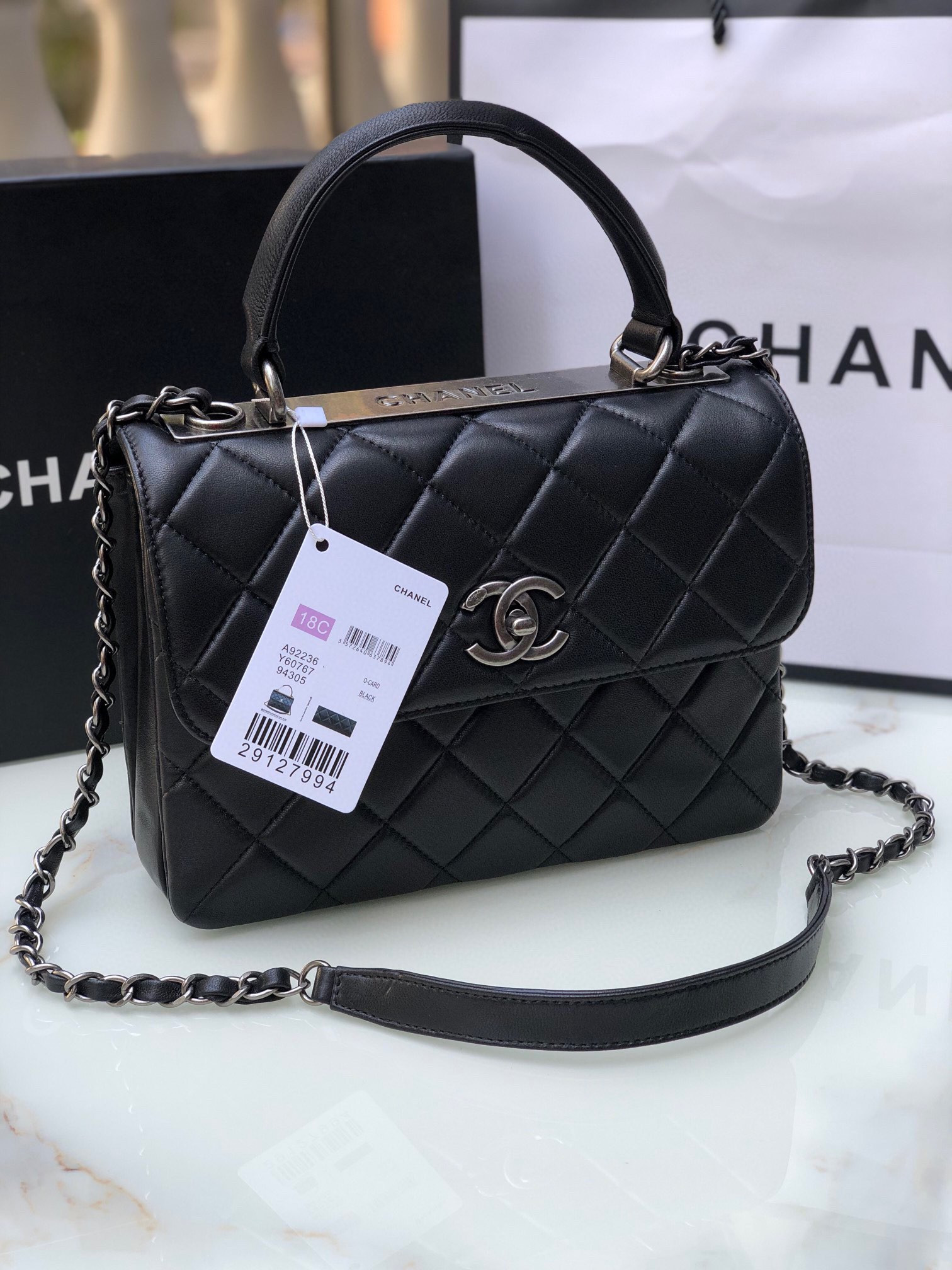 Ch**el FLAP BAG WITH TOP HANDLE 6.6 × 9.8 × 4.7 in