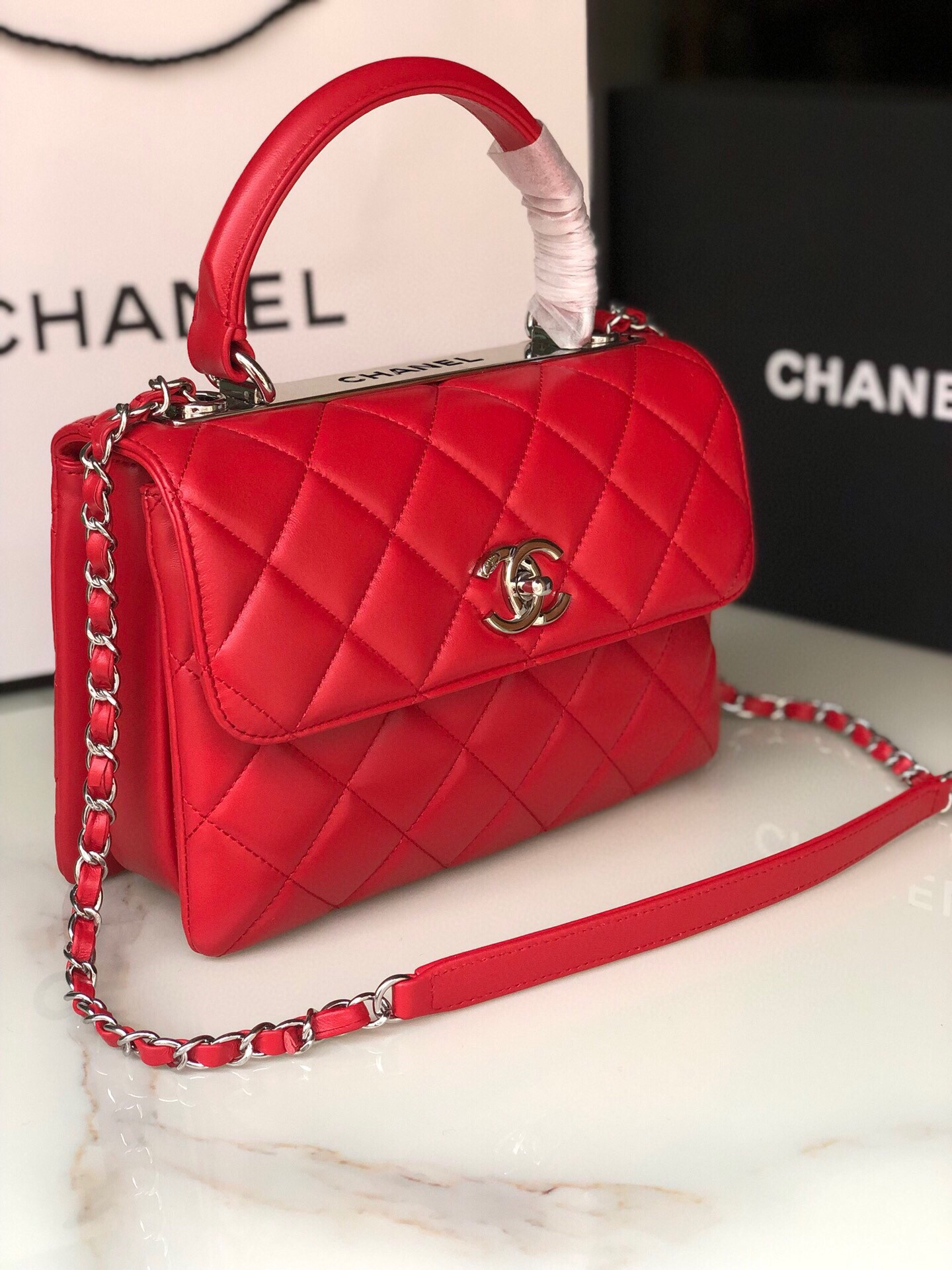Ch**el FLAP BAG WITH TOP HANDLE 6.6 × 9.8 × 4.7 in