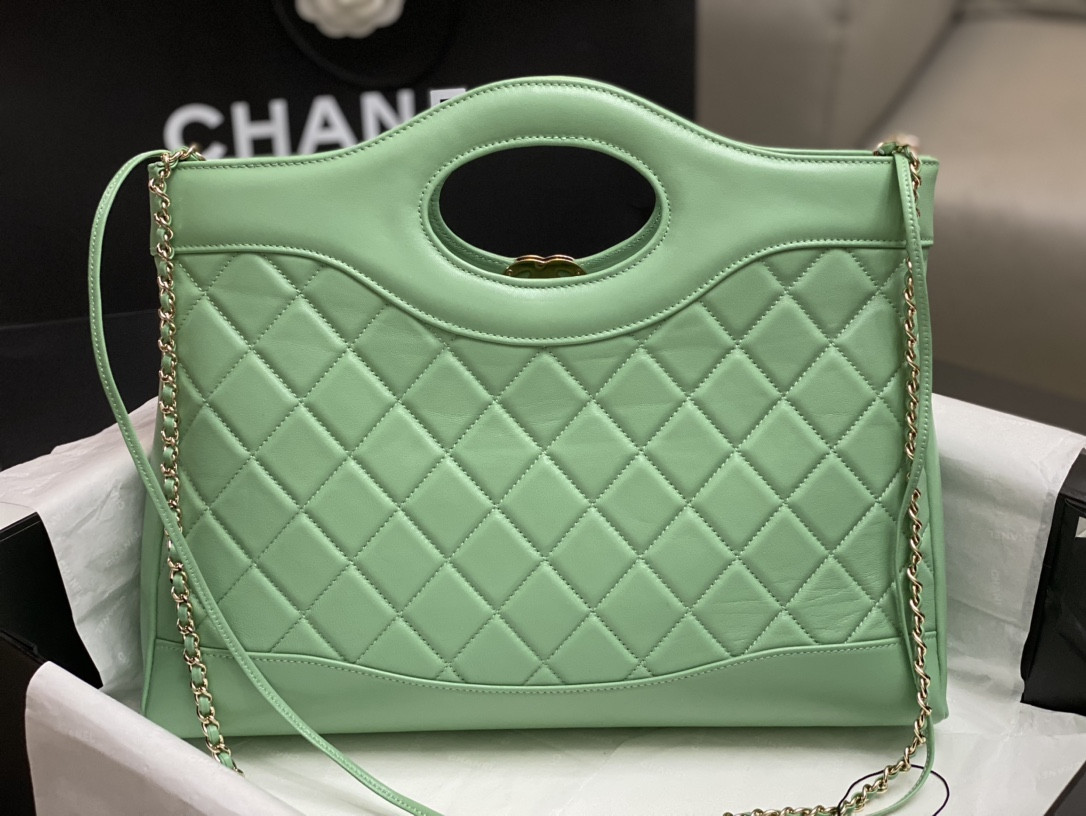 Ch**el SHOPPING BAG Shiny Lambskin & Gold-Tone Metal Light green 35x39x8cm
