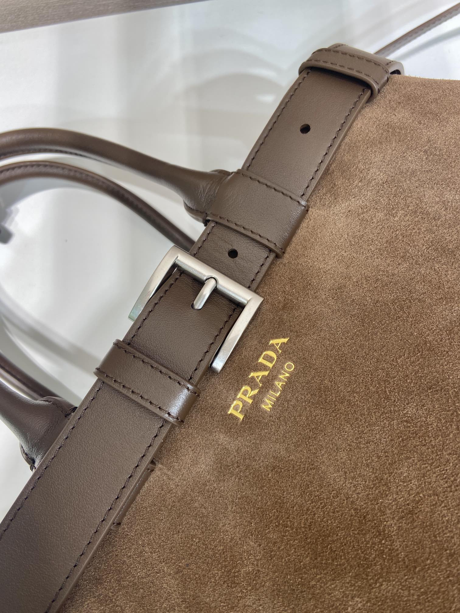 Pra*a Large Pra*a Buckle suede bag with belt 27.5x37.5x14cm