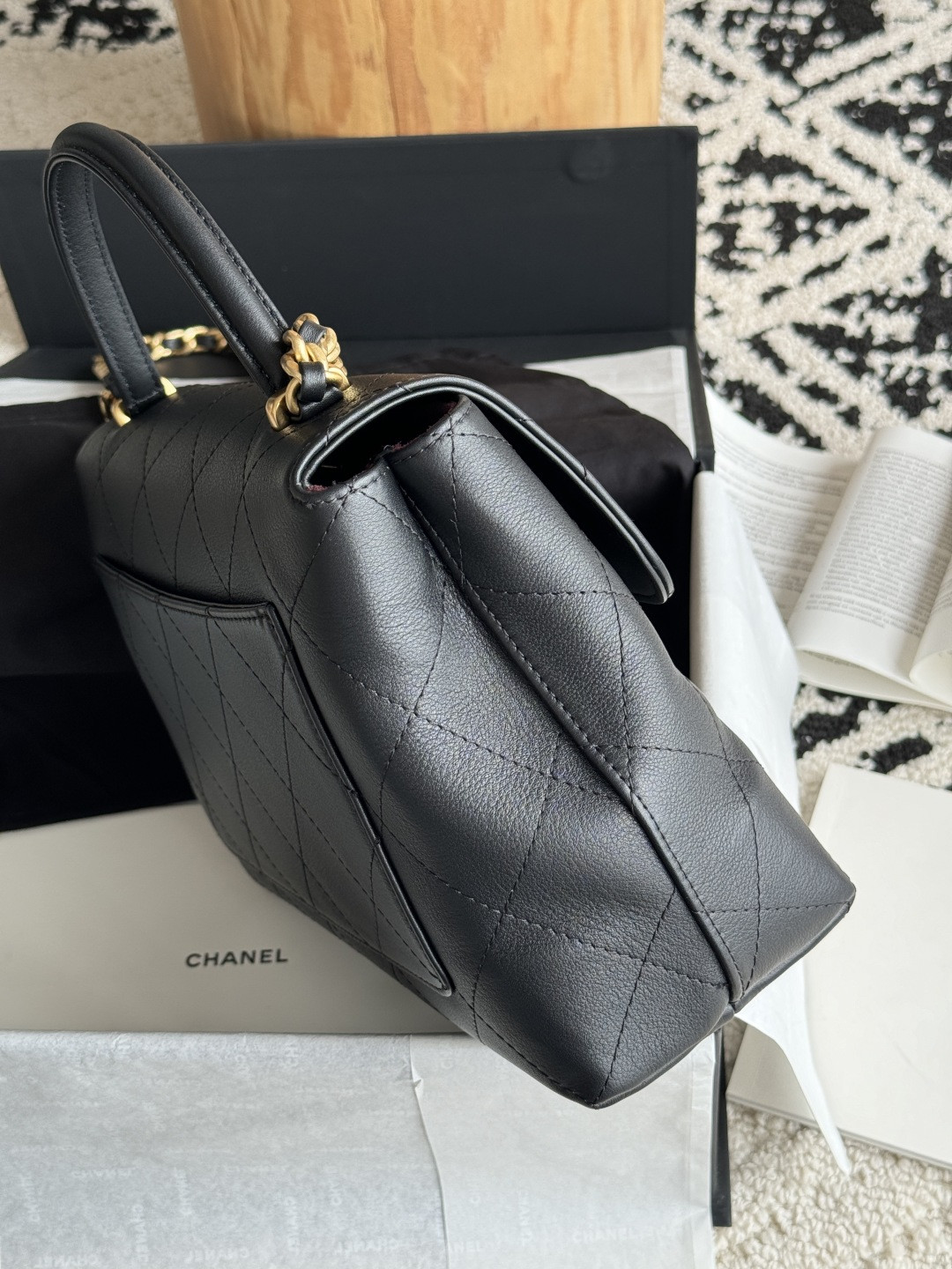 Ch**el Large Flap Bag with Top Handle Calfskin 20.5x28x9.5cm